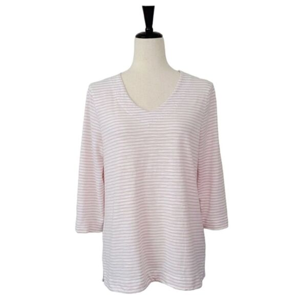 Chico's Pink Striped V-neck 3/4 Sleeve Side Vent Shirt Size M - Picture 1 of 8